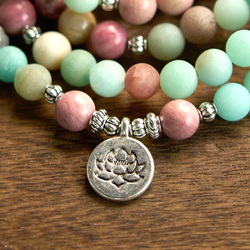 Buddha Stones 108 Mala kralen Rhodoniet Amazoniet Lotus Helende Armband - image 5