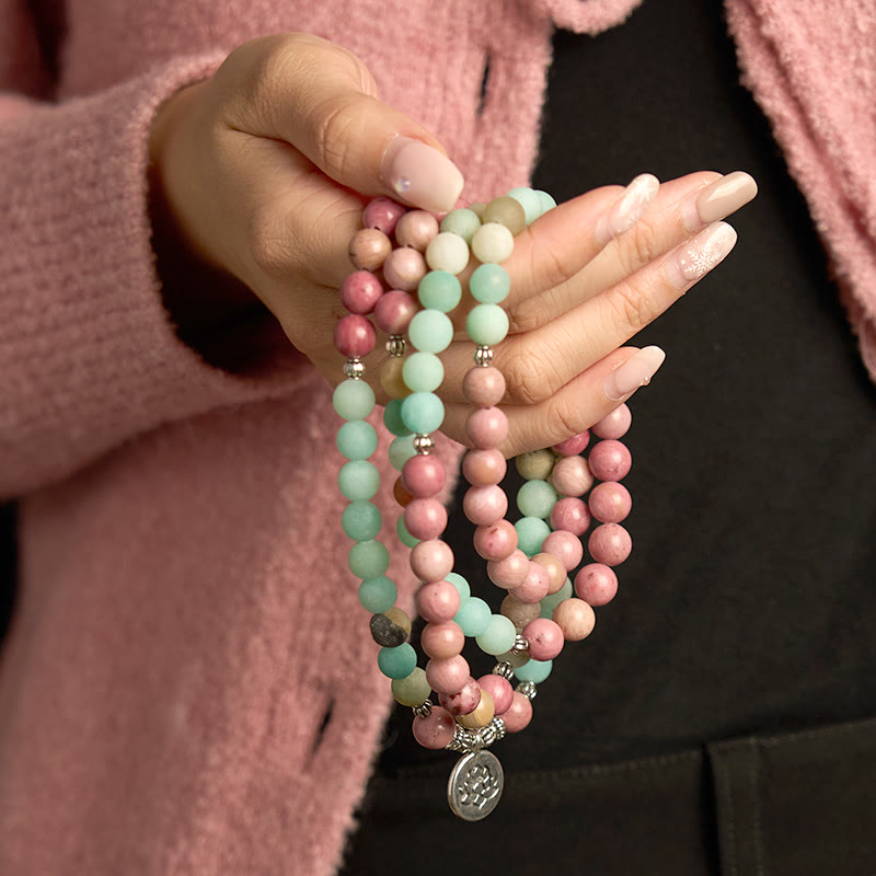 Buddha Stones 108 Mala kralen Rhodoniet Amazoniet Lotus Helende Armband - image 4