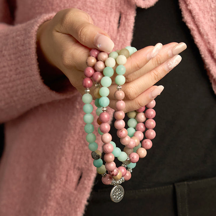 Buddha Stones 108 Mala kralen Rhodoniet Amazoniet Lotus Helende Armband - image 4