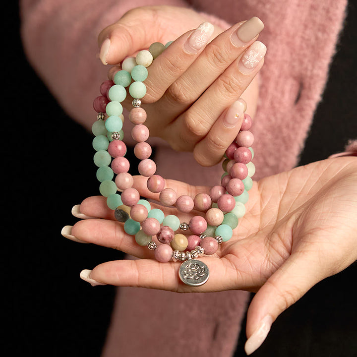 Buddha Stones 108 Mala kralen Rhodoniet Amazoniet Lotus Helende Armband - image 3