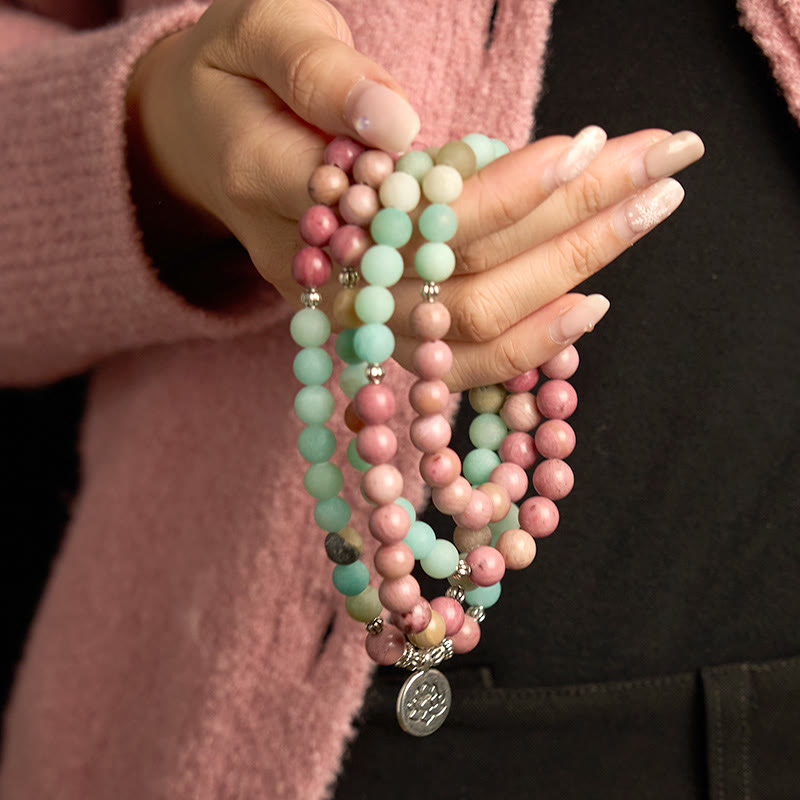 Buddha Stones 108 Mala kralen Rhodoniet Amazoniet Lotus Helende Armband - image 2