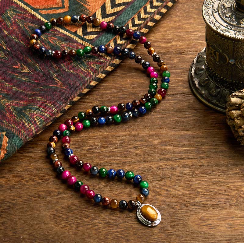 Buddha Stones 108 Mala kralen, natuurlijke kleurrijke tijgeroogsteen, meervoudige Armband - image 1
