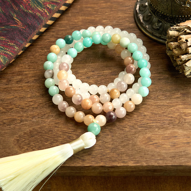 Buddha Stones 108 Mala kralen, natuurlijke witte jade, amazoniet, witte kwast, helende Armband - Witte jade en amazoniet (Polsomtrek: 14-16 cm) - image 0