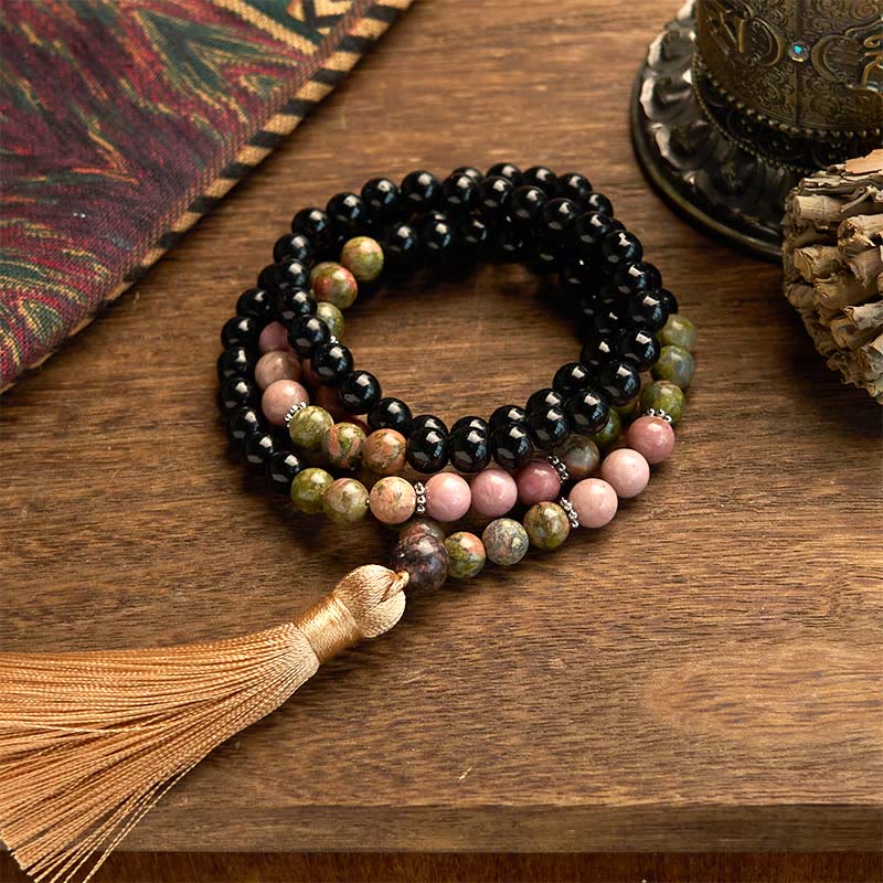 Buddha Stones 108 Mala kralen, zwarte jaspis, rhodoniet, kaki kwastje, helende Armband - Zwarte jaspis kwast in kaki kleur (Polsomtrek: 14-16 cm) - image 0
