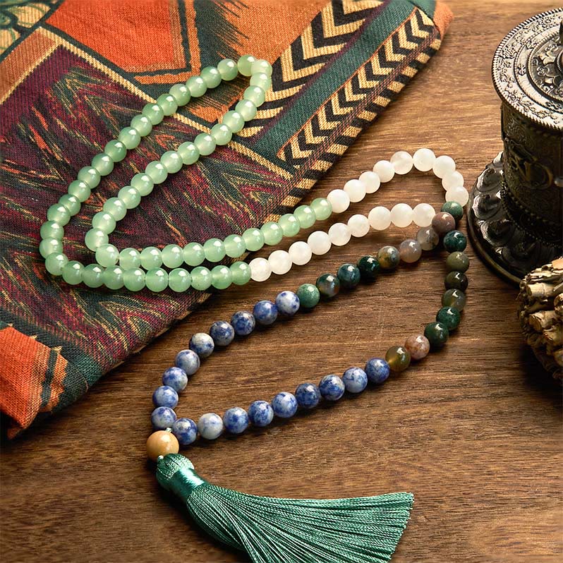 Buddha Stones 108 Mala kralen, natuurlijke groene aventurijn, blauwe gevlekte jaspis, Indiase agaat, groene kwast, Armband - image 1