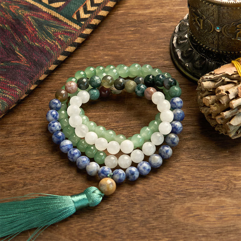 Buddha Stones 108 Mala kralen, natuurlijke groene aventurijn, blauwe gevlekte jaspis, Indiase agaat, groene kwast, Armband - Groene aventurijn met groene kwast (Polsomtrek: 14-16 cm) - image 0