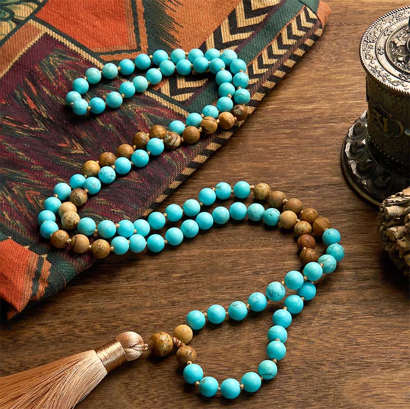 Buddha Stones 108 Mala kralen, turquoise, picture jaspis kralen, kwastje, Armband - image 1