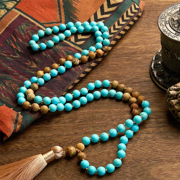 Buddha Stones 108 Mala kralen, turquoise, picture jaspis kralen, kwastje, Armband - image 1