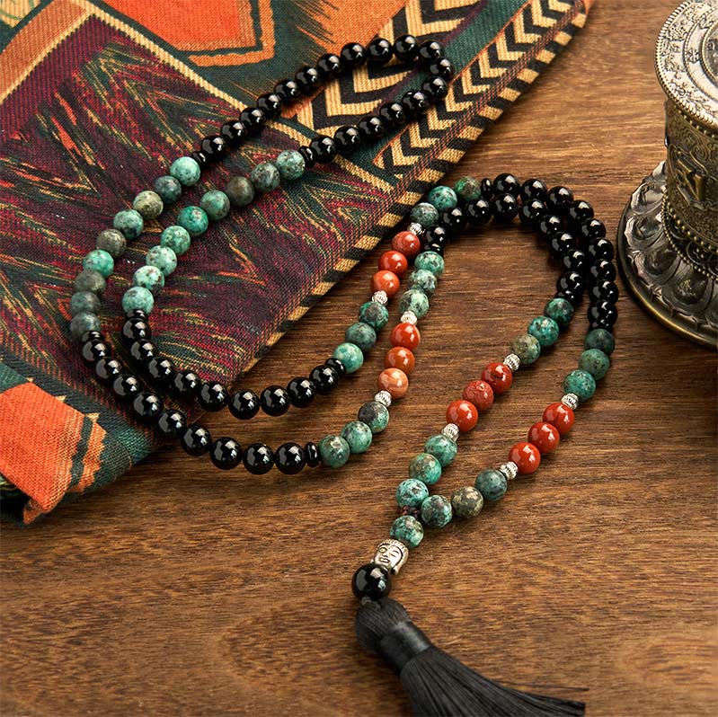 Buddha Stones 108 Mala Natuurlijke Zwarte Onyx Rode Jaspis Turkoois Kralen Boeddha Hoofd Kwastje Armband - image 1