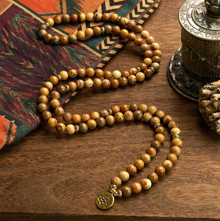 Buddha Stones Mala met 108 kralen, afbeelding van jaspis , lotus en moed . - image 1