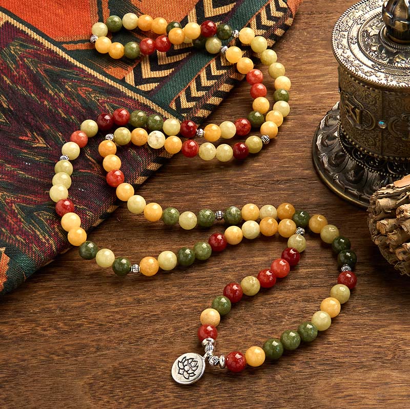 Buddha Stones 108 Mala kralen van natuurlijke gekleurde stenen: topaas, rode jaspis, groene jaspis, Armband - image 1