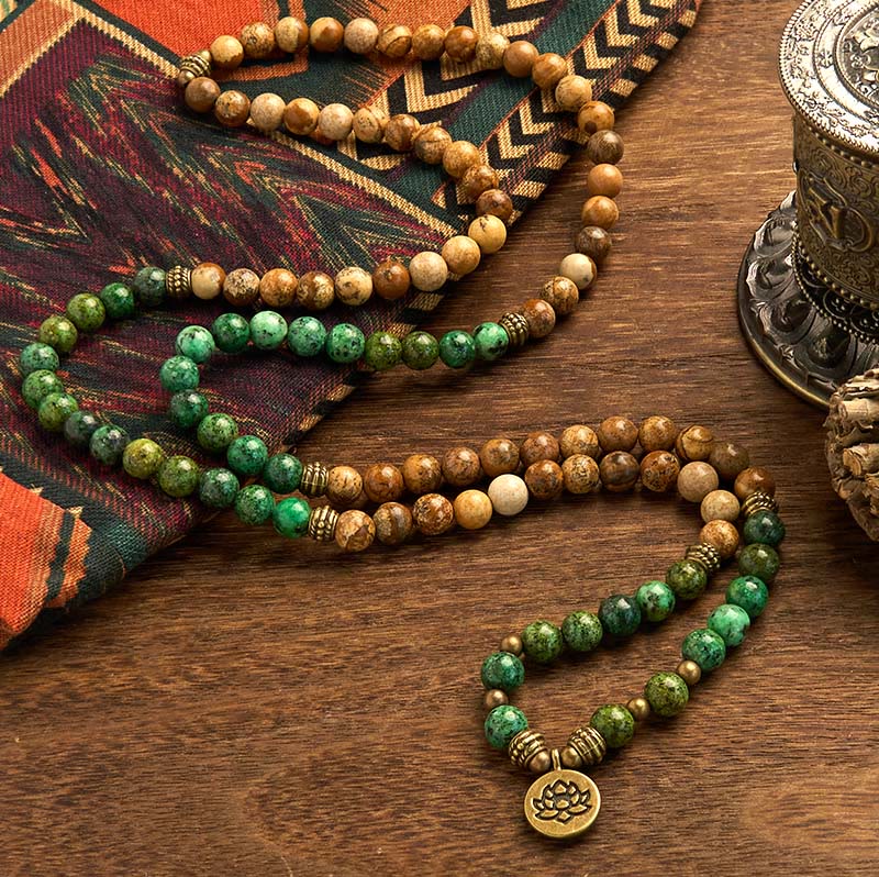 Buddha Stones 108 Mala kralen van natuursteen, Picture Jasper, Turkoois, Lotus, Positieve Armband - image 1