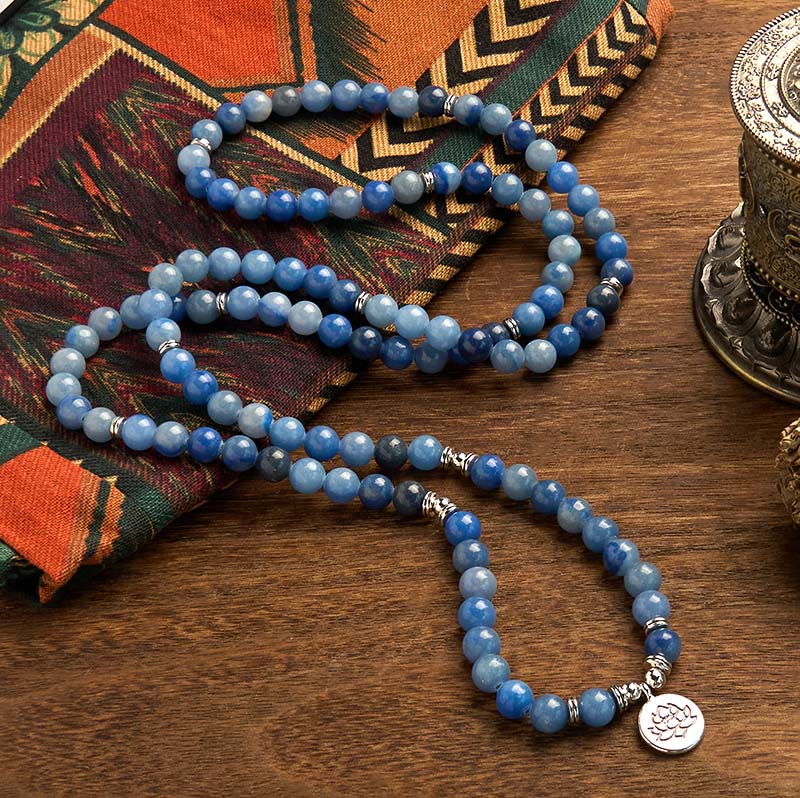 Buddha Stones 108 Mala kralen Meerlaagse natuurlijke blauwe aventurijn Lotus Calm Armband - image 1
