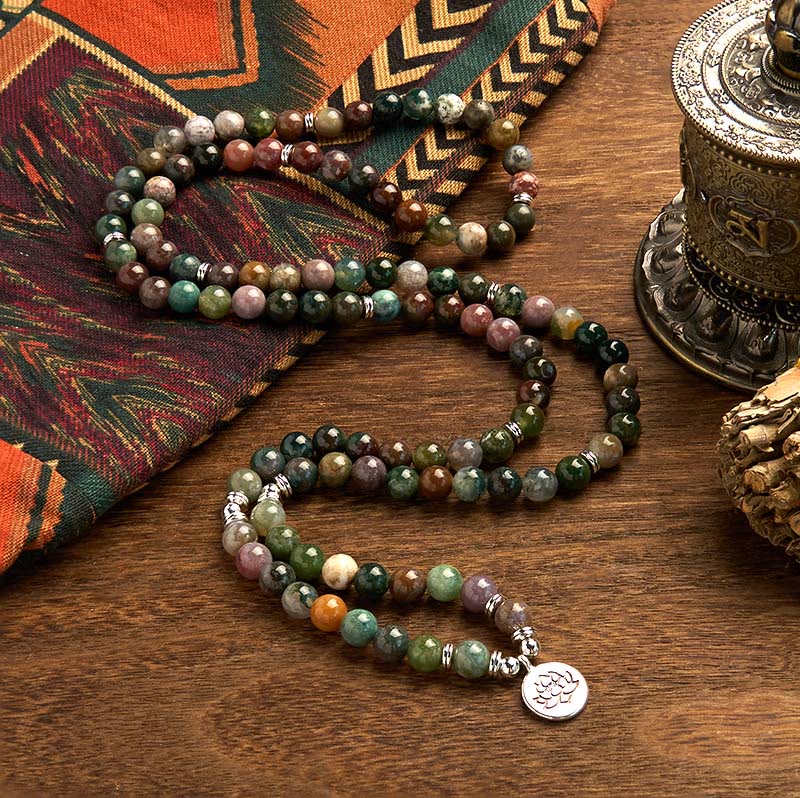 Buddha Stones 108 Mala kralen van natuursteen, Indiase agaat, lotus, rustgevende Armband - image 1
