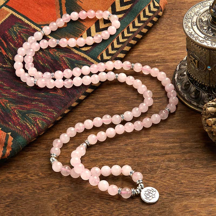 Buddha Stones 108 Mala kralen, natuursteen, rozenkwarts, lotus Armband - image 1