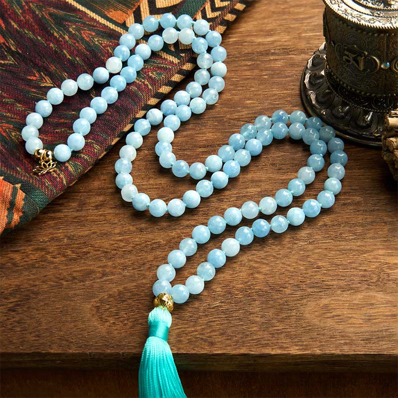 Buddha Stones 108 Mala kralen, natuursteen, aquamarijn, kwastje, lotus, helende Armband - image 1