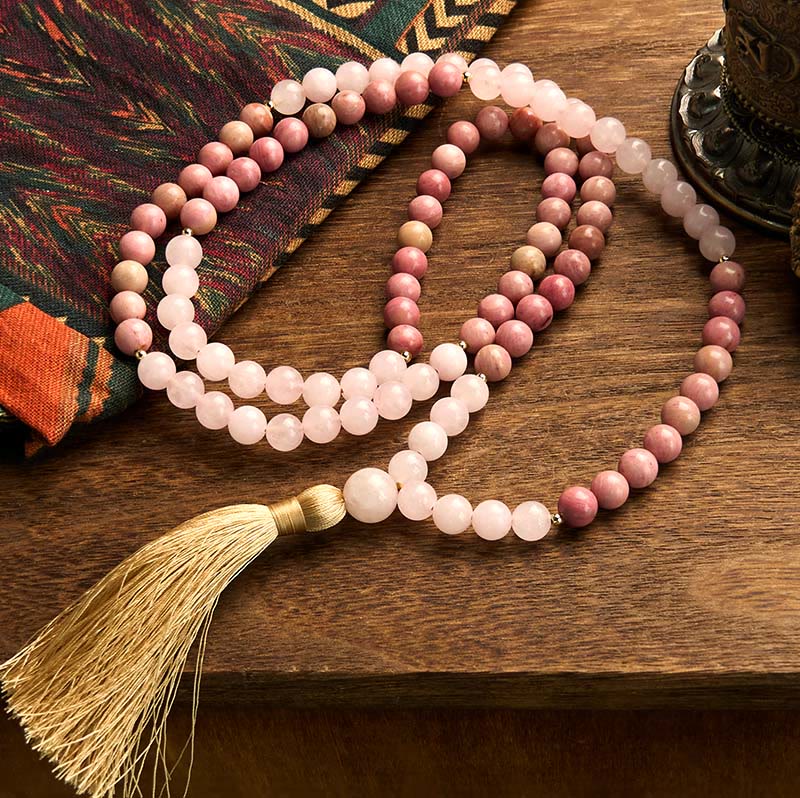 Buddha Stones 108 Mala kralen, rhodoniet, rozenkwarts, kwastje, helende Armband - image 1