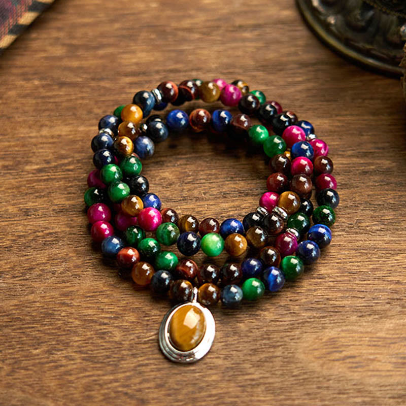 Buddha Stones 108 Mala kralen, natuurlijke kleurrijke tijgeroogsteen, meervoudige Armband - Kleurrijke tijgeroog (Polsomtrek: 14-16 cm) - image 0