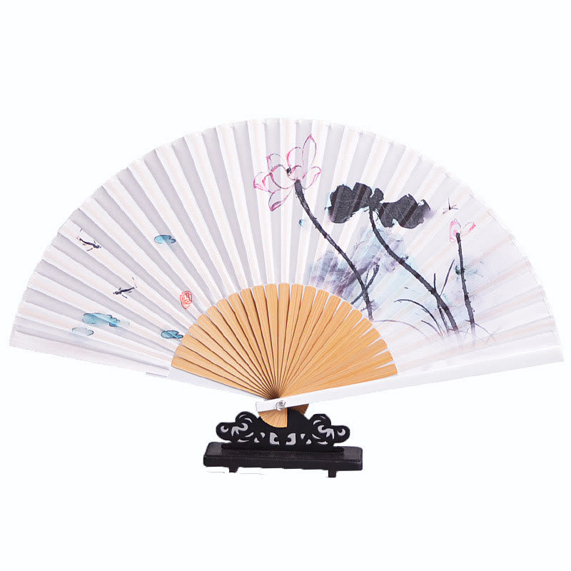 Buddha Stones Handventilator met Chinese karakters, inkttekening, lotusbloem en bladlandschap, Huayao crêpe polyester bamboe, Waaier , 23,3 cm - image 6