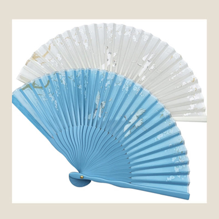 Buddha Stones Kraanvogel Pruimenbloesem Handwaaier Zijde Bamboe Opvouwbare Waaier - image 13