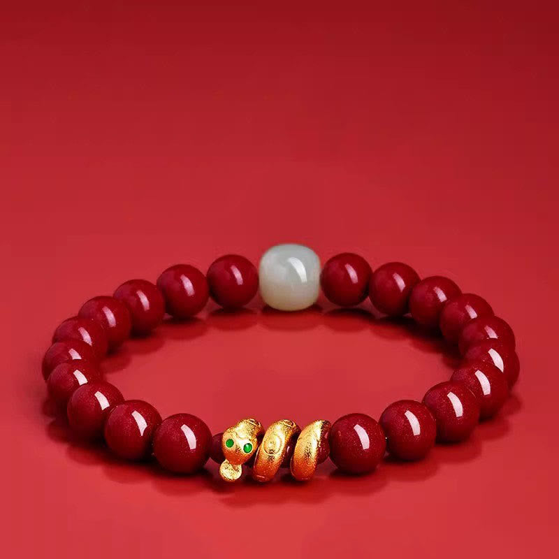 Buddha Stones Armband met cinnaberkralen, Hetian-jade en de zegen van het Jaar van de Slang. - Slang van 8mm cinnaberkleurige Hetian-jade (Polsomtrek: 15 cm) - image 0
