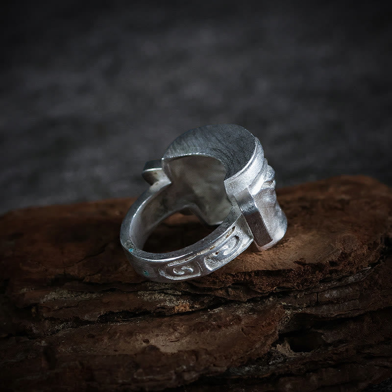 Buddha Stones Handgegoten Sanxingdui Masker Ring van 999 sterling zilver - image 4