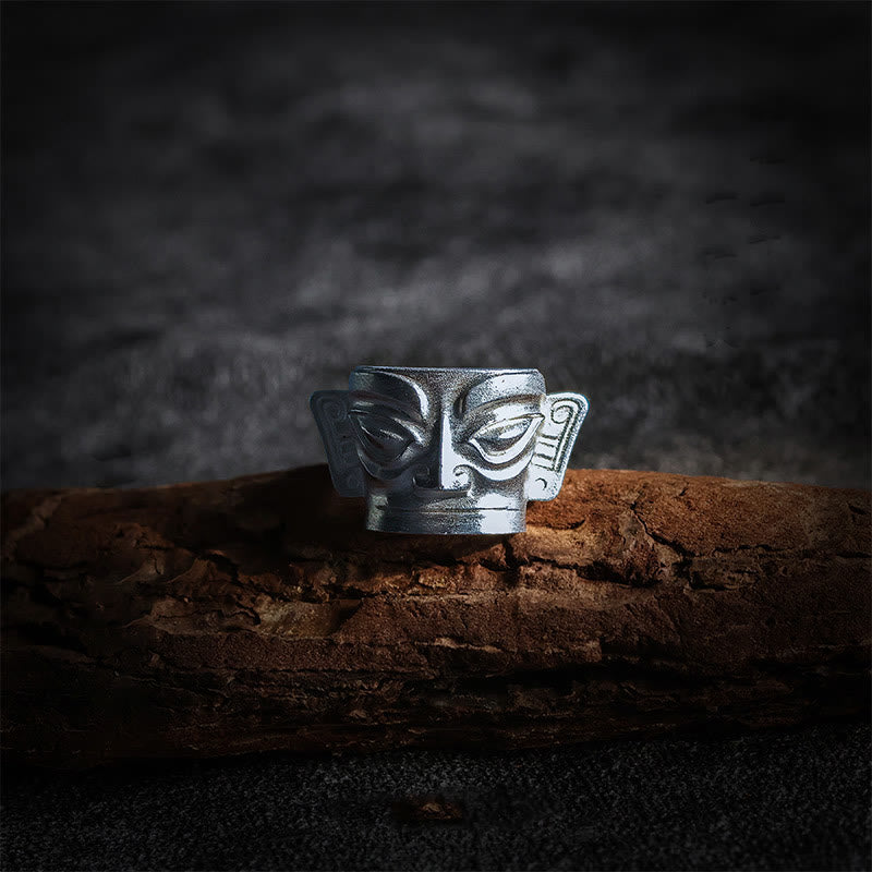 Buddha Stones Handgegoten Sanxingdui Masker Ring van 999 sterling zilver - 999 sterling zilver - US10 - image 0
