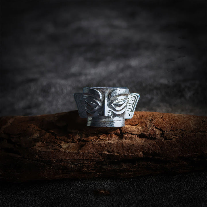 Buddha Stones Handgegoten Sanxingdui Masker Ring van 999 sterling zilver - 999 sterling zilver - US10 - image 0
