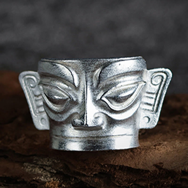 Buddha Stones Handgegoten Sanxingdui Masker Ring van 999 sterling zilver - image 1