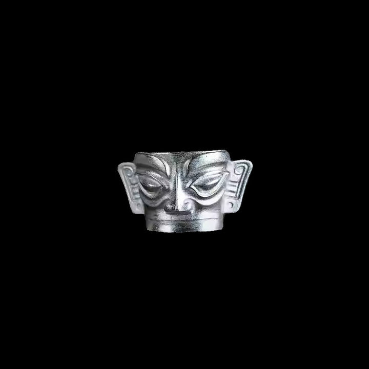 Buddha Stones Handgegoten Sanxingdui Masker Ring van 999 sterling zilver - image 10