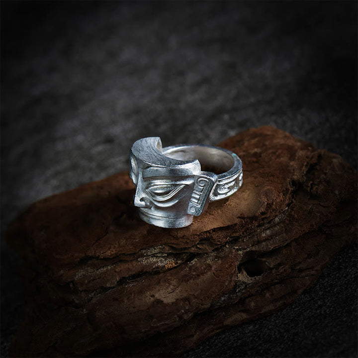 Buddha Stones Handgegoten Sanxingdui Masker Ring van 999 sterling zilver - image 3