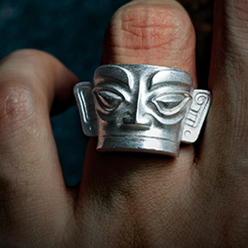 Buddha Stones Handgegoten Sanxingdui Masker Ring van 999 sterling zilver - image 11