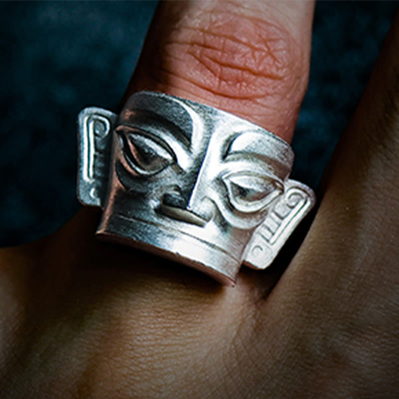 Buddha Stones Handgegoten Sanxingdui Masker Ring van 999 sterling zilver - image 12