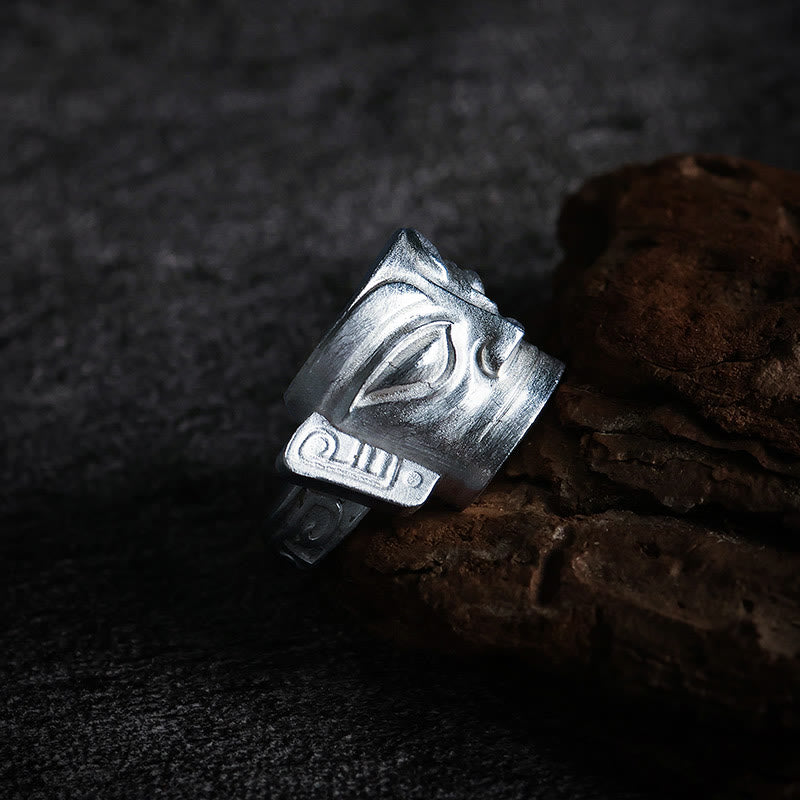 Buddha Stones Handgegoten Sanxingdui Masker Ring van 999 sterling zilver - image 2