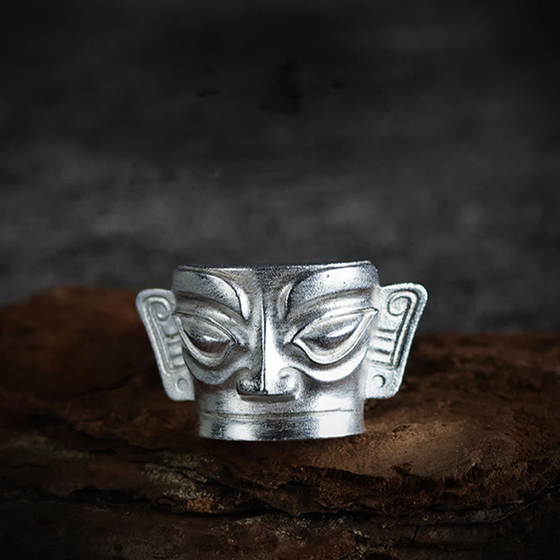 Buddha Stones Handgegoten Sanxingdui Masker Ring van 999 sterling zilver - image 8