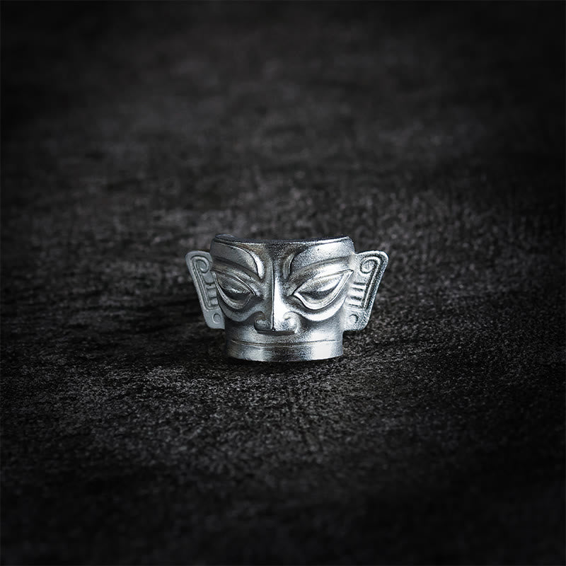 Buddha Stones Handgegoten Sanxingdui Masker Ring van 999 sterling zilver - image 9