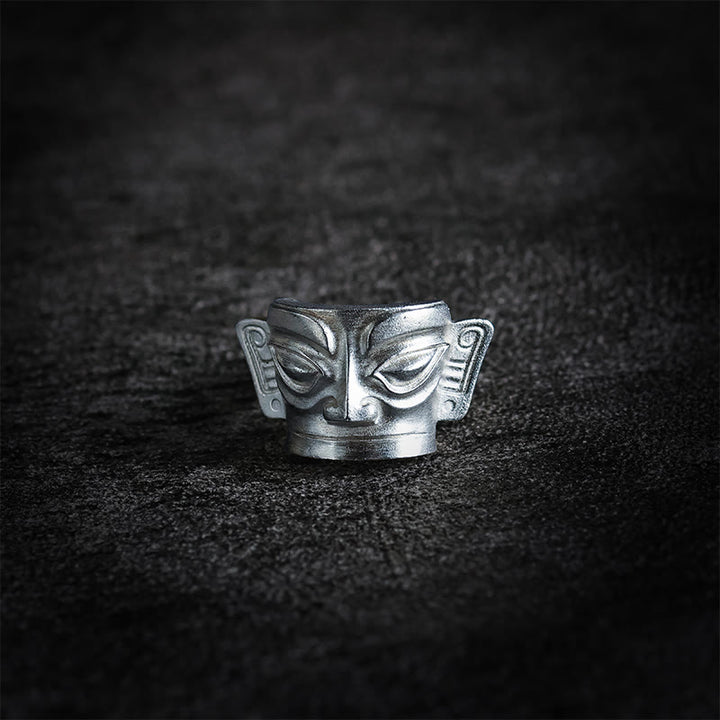 Buddha Stones Handgegoten Sanxingdui Masker Ring van 999 sterling zilver - image 9