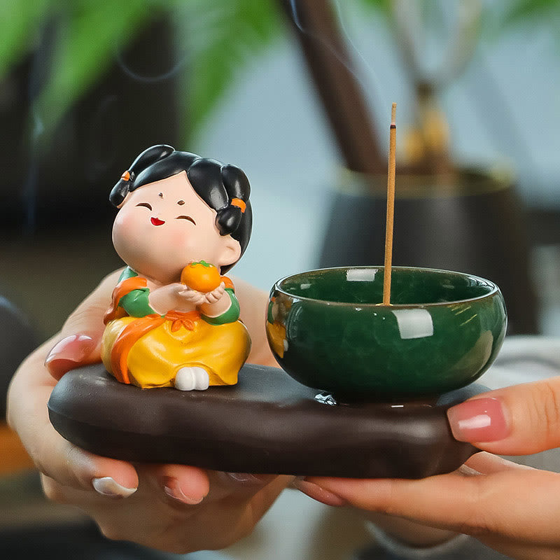 Buddha Stones Keramische Wierook voor op het bureau, met afbeelding van een dame uit de Tang-dynastie die voedsel en geneeskrachtige eigenschappen bezit. - Tang-dynastie dame oranje 9*12,5*5,5 cm - image 0
