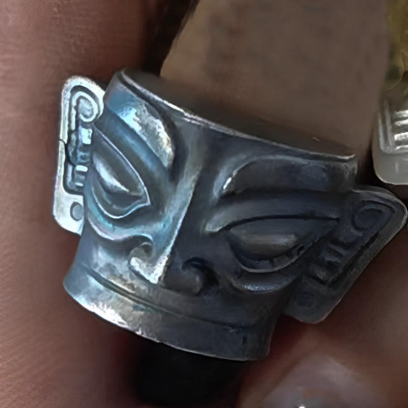 Buddha Stones Handgegoten Sanxingdui Masker Ring van 999 sterling zilver - Vintage 999 sterling zilver - US10 - image 13