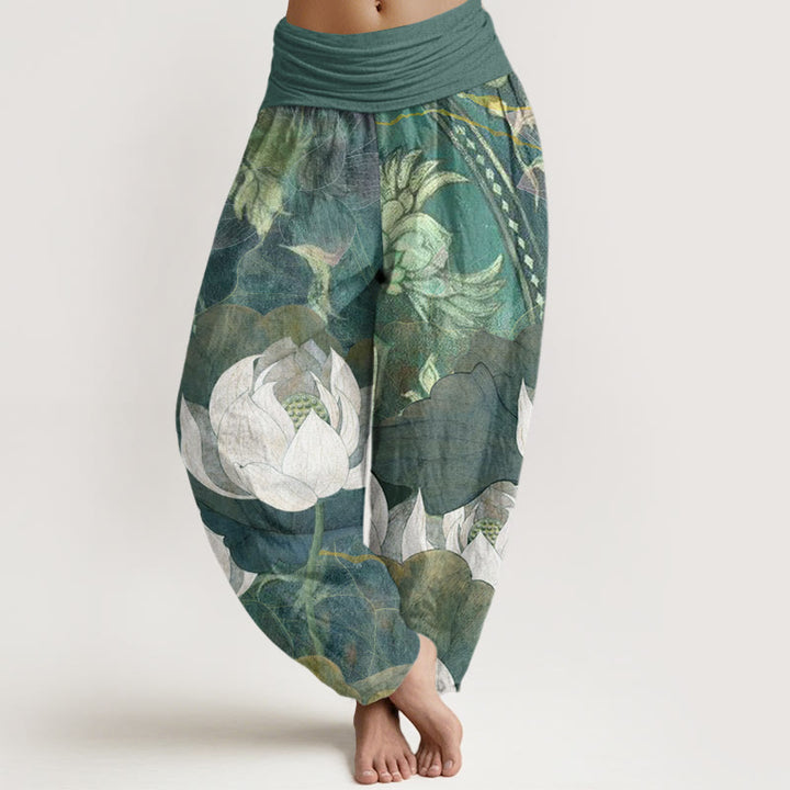Buddha Stones Katoenen witte harembroek met lotusbladmotief en elastische Taille voor dames - Zeegroen - US22, UK/AU26, EU54 (6XL) - image 0