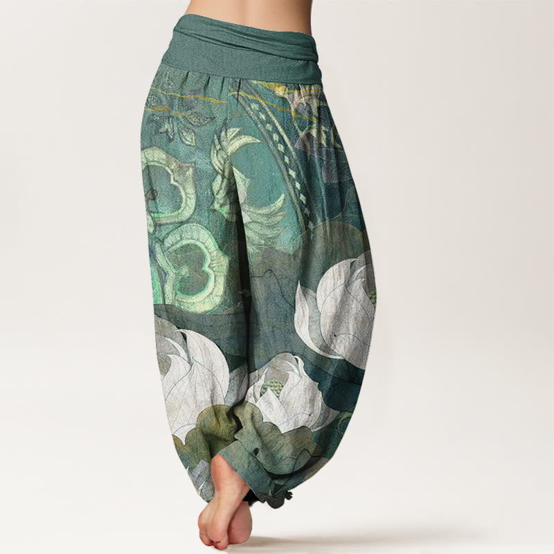 Buddha Stones Katoenen witte harembroek met lotusbladmotief en elastische Taille voor dames - image 1