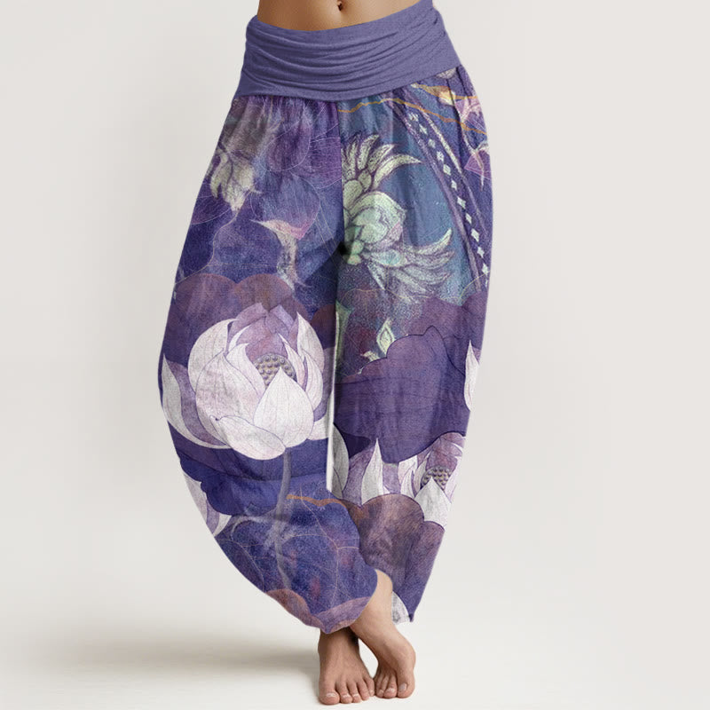 Buddha Stones Katoenen witte harembroek met lotusbladmotief en elastische Taille voor dames - Middelpaars - US22, UK/AU26, EU54 (6XL) - image 5