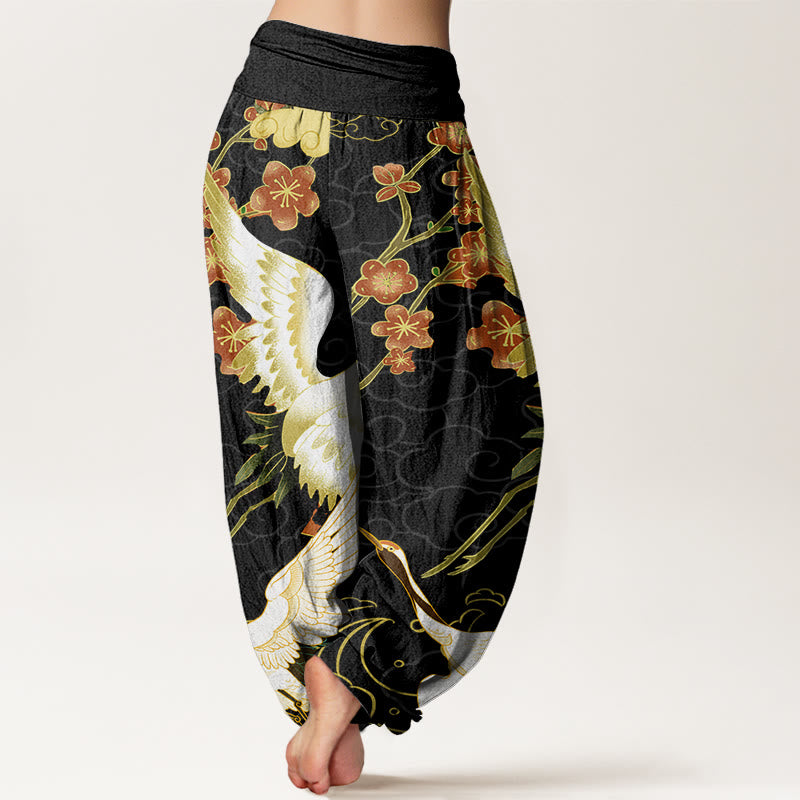 Buddha Stones Dames harembroek met elastische Taille, met patroon van kraanvogels, bloemen en gelukbrengende wolken. - image 2