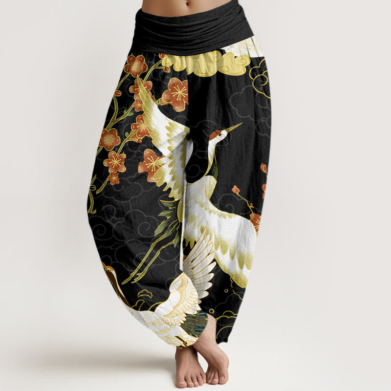 Buddha Stones Dames harembroek met elastische Taille, met patroon van kraanvogels, bloemen en gelukbrengende wolken. - Zwart - US22, UK/AU26, EU54 (6XL) - image 0