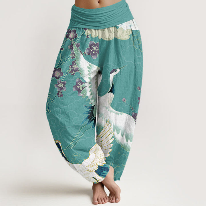 Buddha Stones Dames harembroek met elastische Taille, met patroon van kraanvogels, bloemen en gelukbrengende wolken. - Turkoois - US22, UK/AU26, EU54 (6XL) - image 5