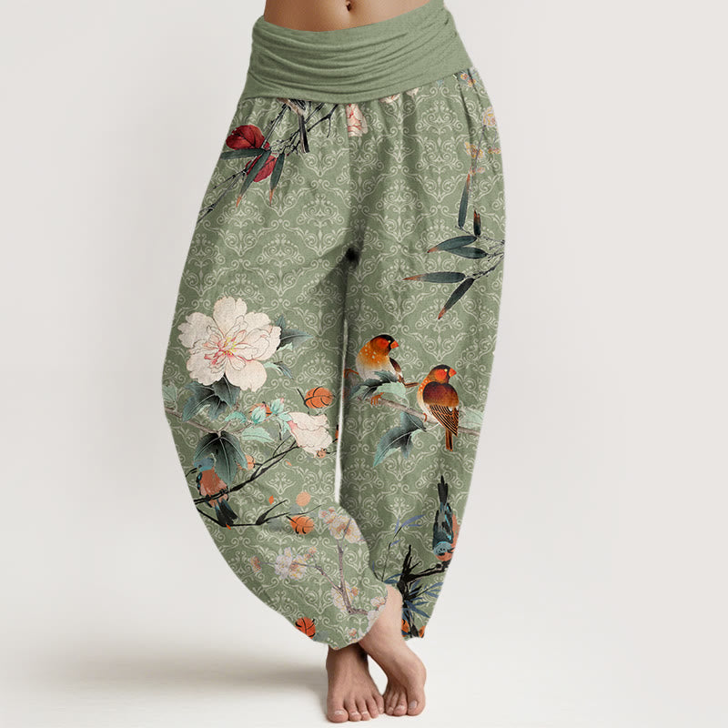 Buddha Stones Dames harembroek met elastische Taille en print van een katoenen zangvogel, bloeiende bloementakken en een mandala-patroon. - Lichtgroen - US22, UK/AU26, EU54 (6XL) - image 0