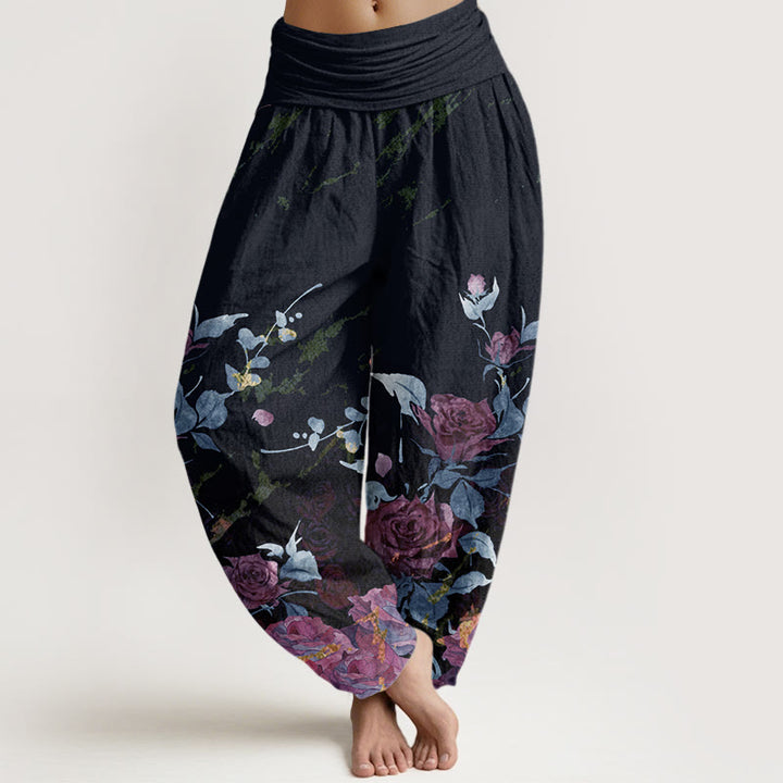 Buddha Stones Dames harembroek met elastische Taille en print van katoenen bloeiende rozen - Donker leigrijs - US22, UK/AU26, EU54 (6XL) - image 4