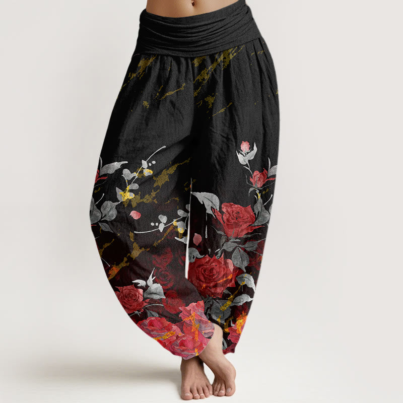 Buddha Stones Dames harembroek met elastische Taille en print van katoenen bloeiende rozen - Zwart - US22, UK/AU26, EU54 (6XL) - image 0