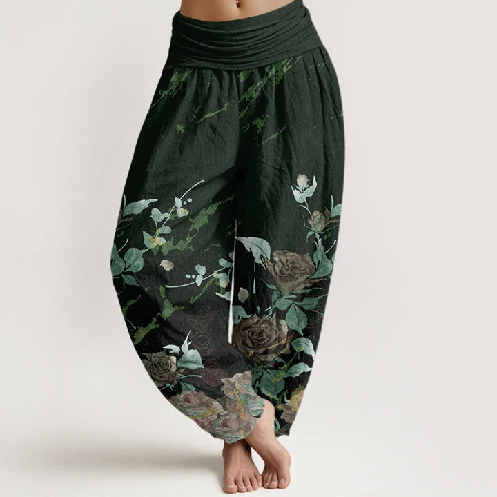 Buddha Stones Dames harembroek met elastische Taille en print van katoenen bloeiende rozen - Donkergroen - US22, UK/AU26, EU54 (6XL) - image 7