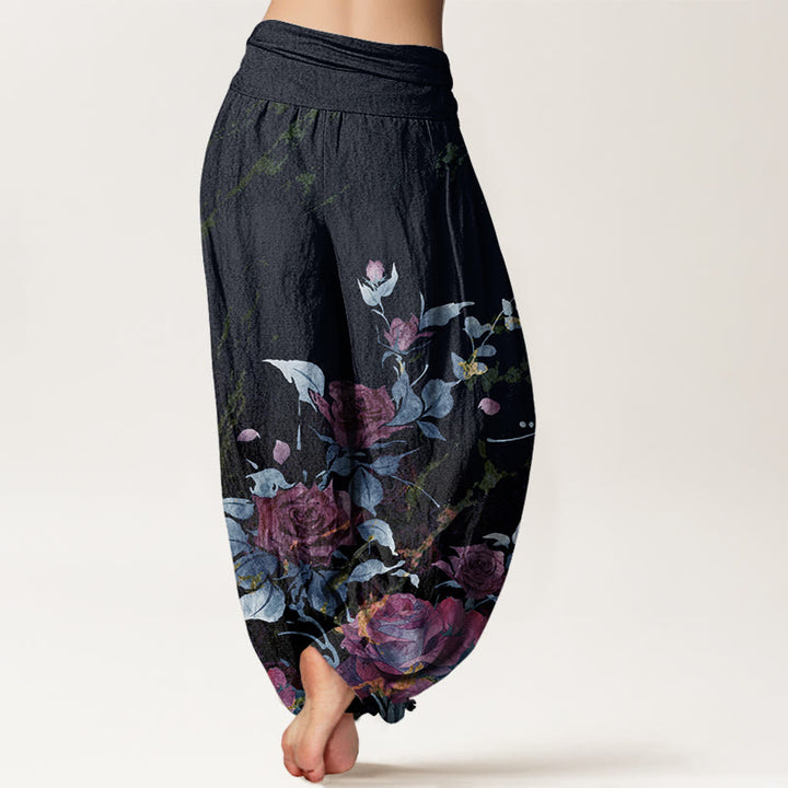 Buddha Stones Dames harembroek met elastische Taille en print van katoenen bloeiende rozen - image 6